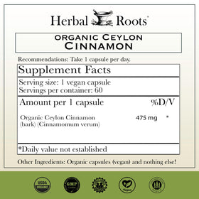 Gélules de cannelle Herbal Roots avec étiquette bio