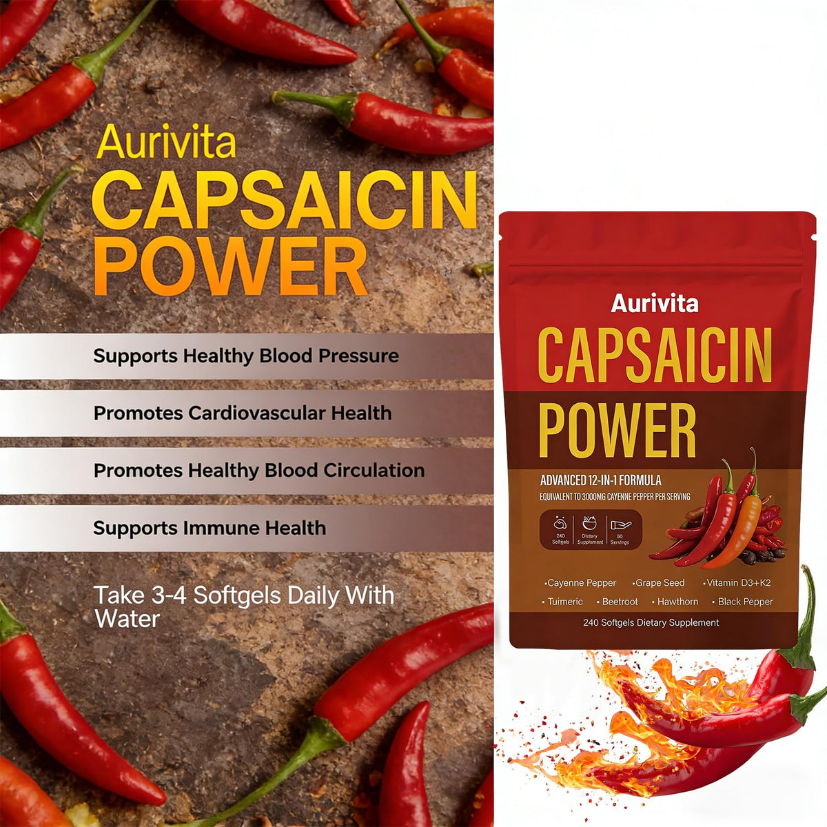Gélules de Capsaïcine Aurivita montrant la composition des ingrédients