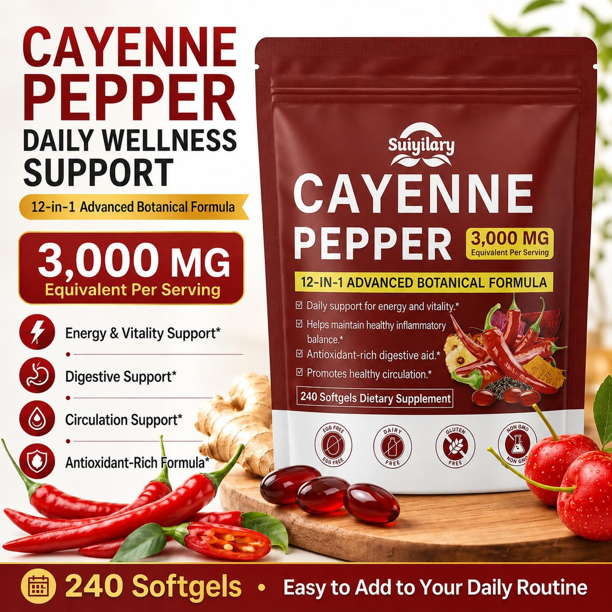 Gélules de cayenne Suiyilary avec des ingrédients naturels en arrière-plan