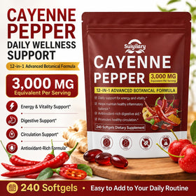 Gélules de cayenne Suiyilary avec des ingrédients naturels en arrière-plan