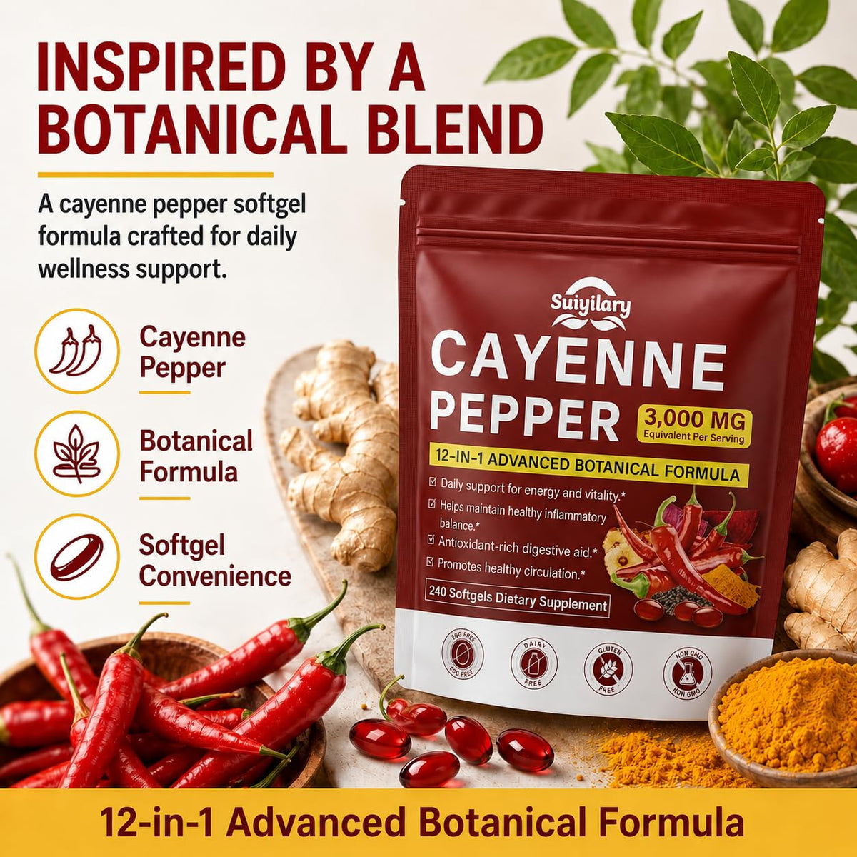 Gélules de cayenne Suiyilary avec une cuillère en bois