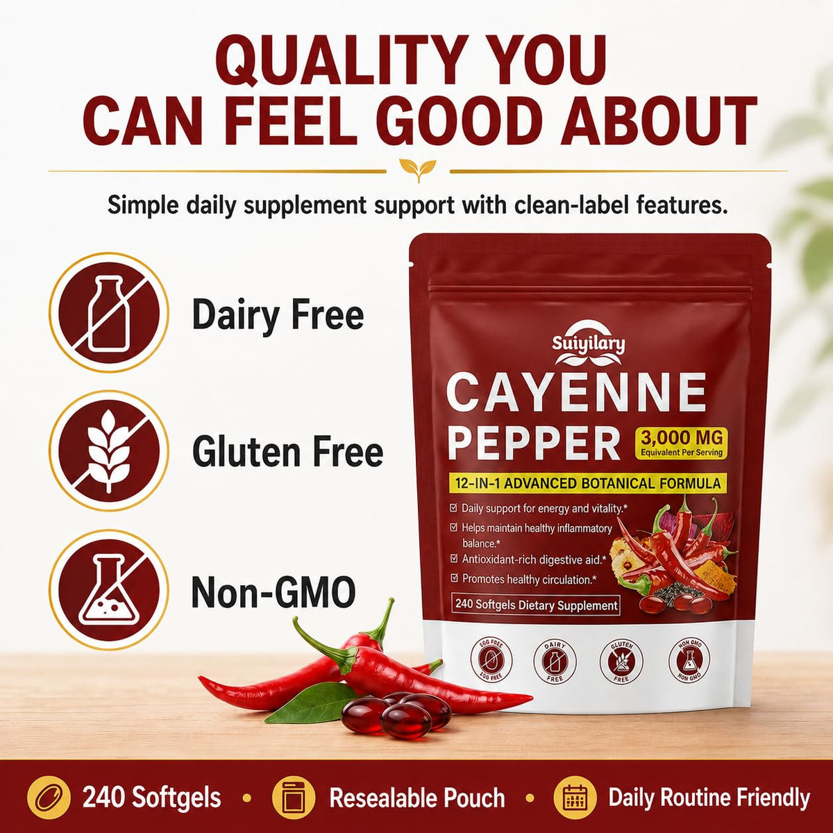 Gélules de cayenne Suiyilary en gros plan sur une table