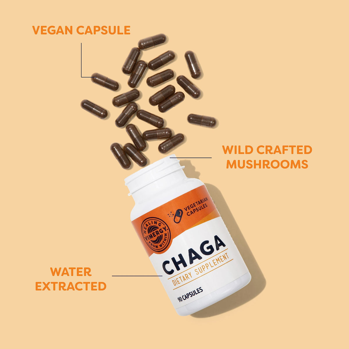 Gélules de Chaga Vimergy sur une table en bois