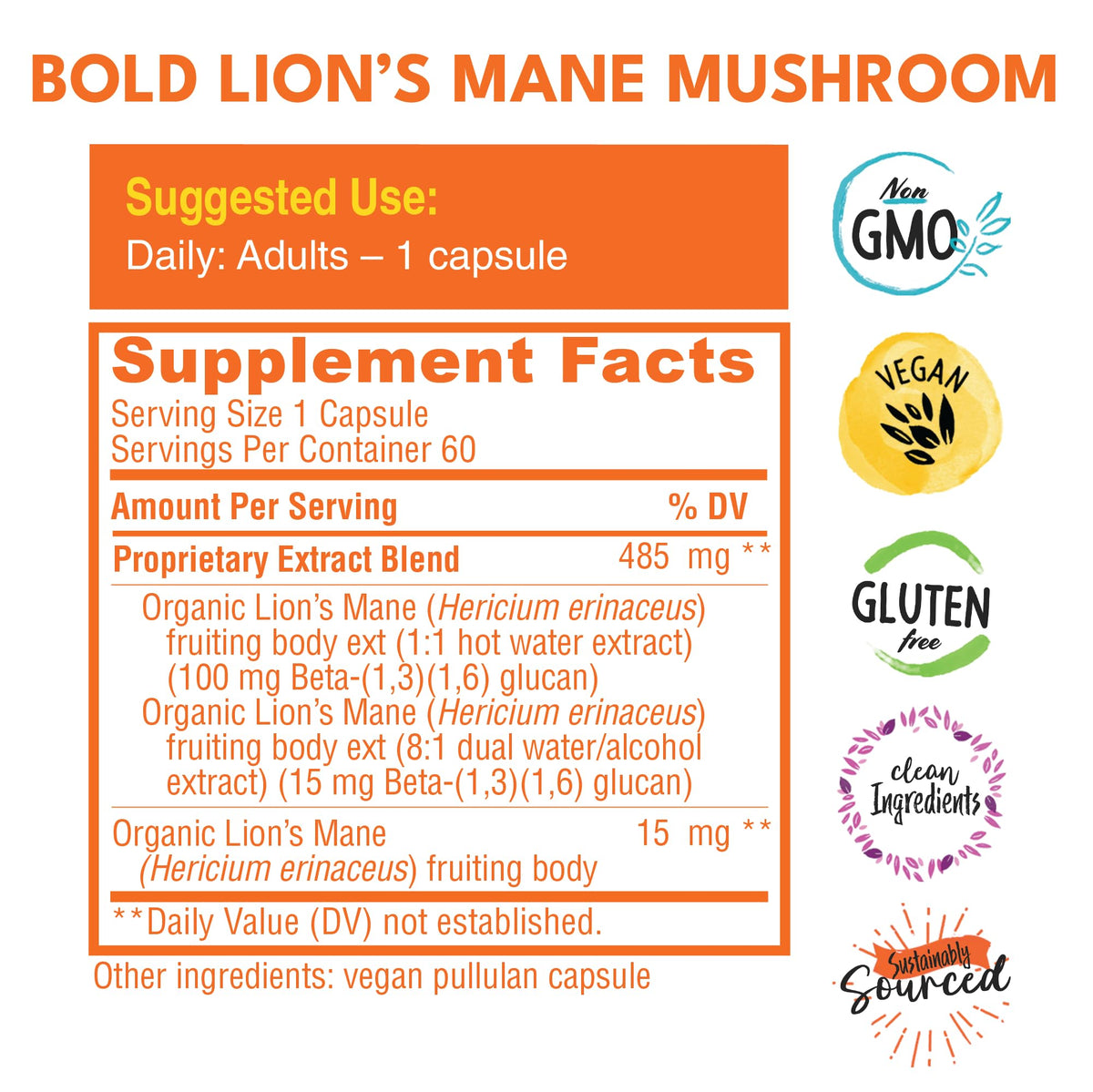 Gélules de Champignon Lion's Mane Bio Bold Botanica sur fond blanc