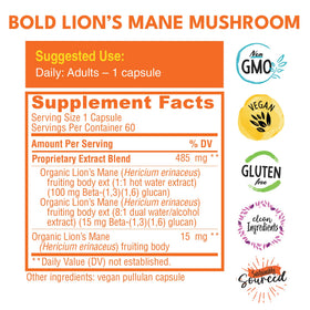Gélules de Champignon Lion's Mane Bio Bold Botanica sur fond blanc