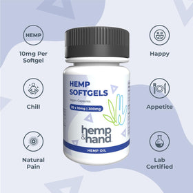 Gélules de chanvre 300mg Hemp & Hand sur une surface en bois