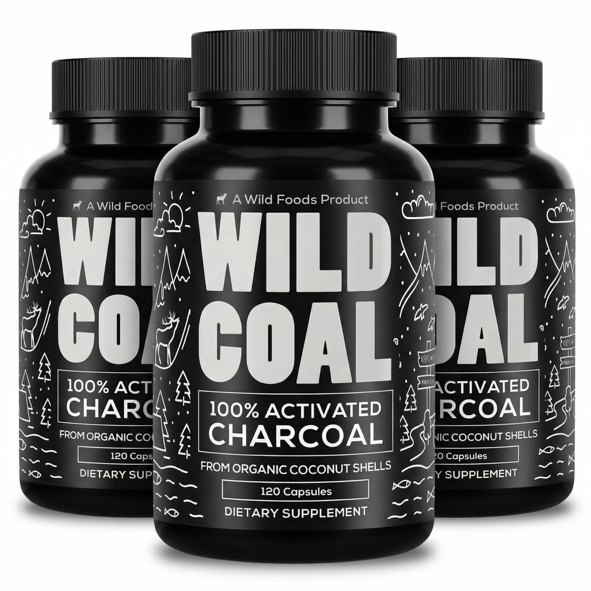 Gélules de charbon actif Wild Foods, flacon de 120 capsules