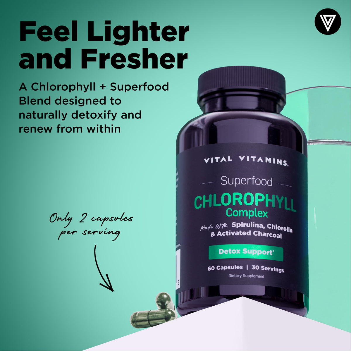 Gélules de chlorophylle Vital Vitamins sur une table