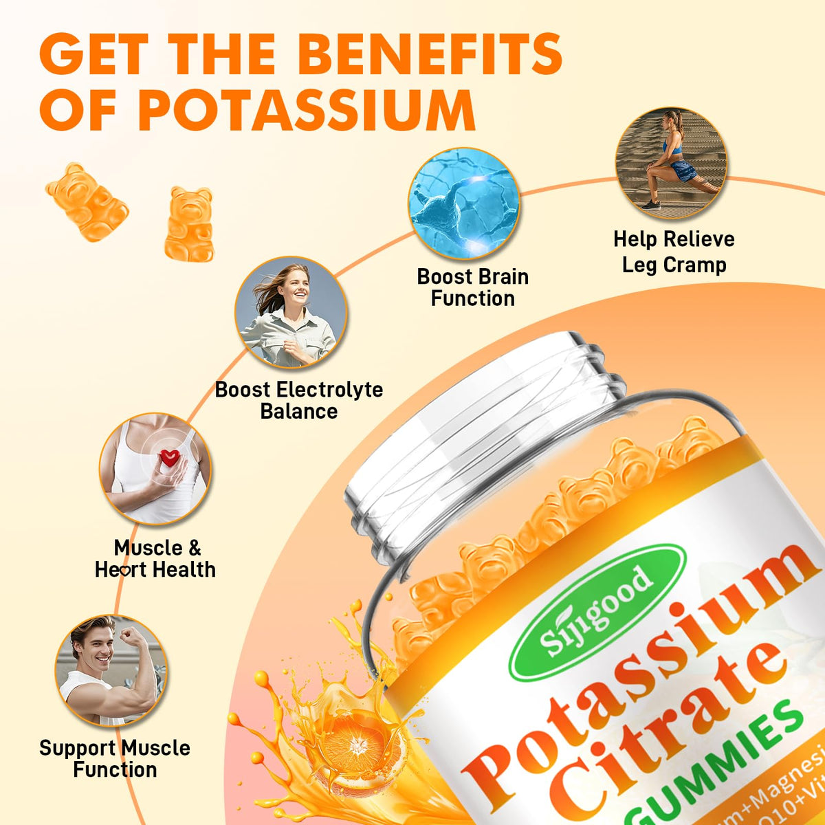 Gélules de citrate de potassium Sijigood sur une table avec des fruits
