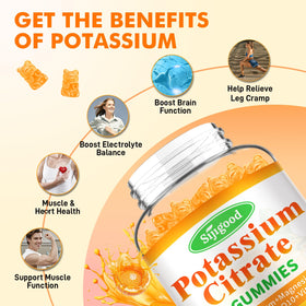 Gélules de citrate de potassium Sijigood sur une table avec des fruits
