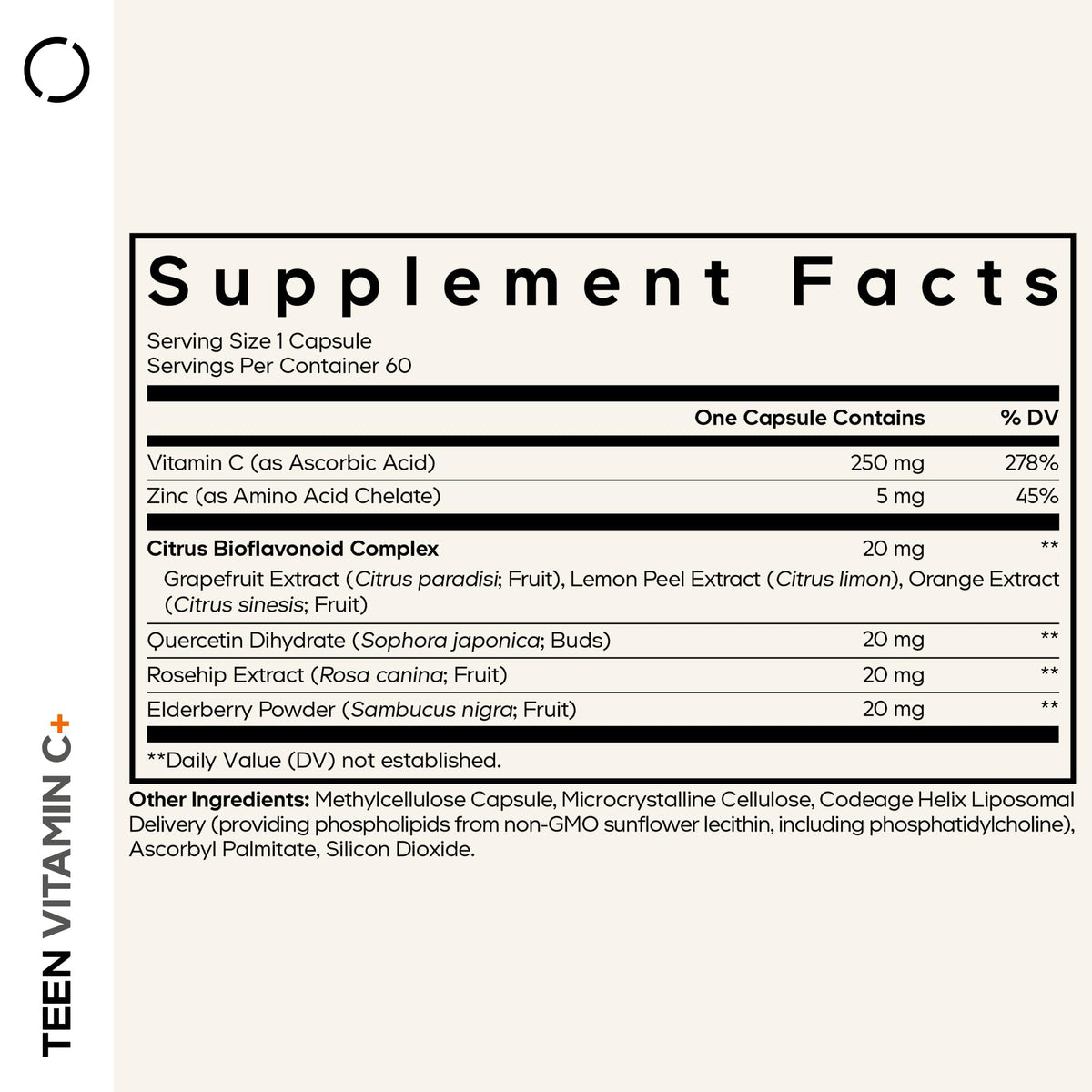 Gélules de Codeage Teen Vitamin C+ 250mg sur une table