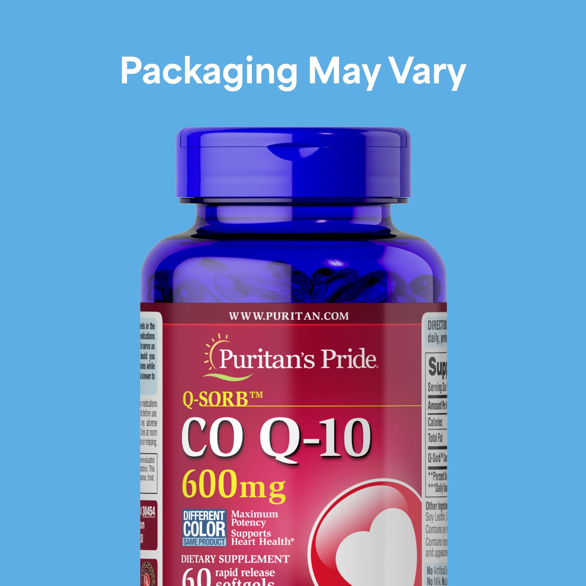 Gélules de Coenzyme Q10 Puritan's Pride sur fond blanc