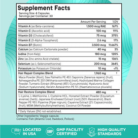 Gélules de compléments alimentaires Superfood MD pour cheveux, sur un fond blanc