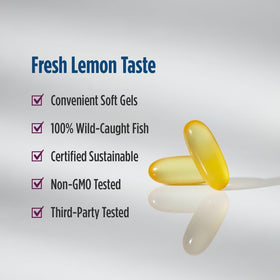 Gélules de Complète Omega-3 dans un verre avec des citrons
