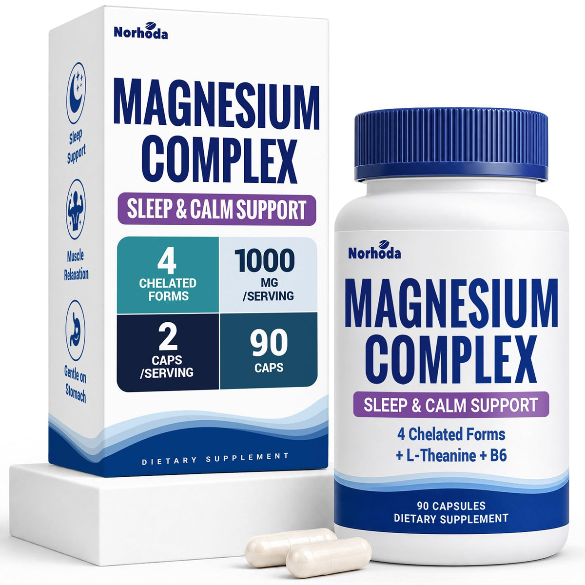 Gélules de complexe de magnésium glycinate 1000mg NORHODA sur fond blanc