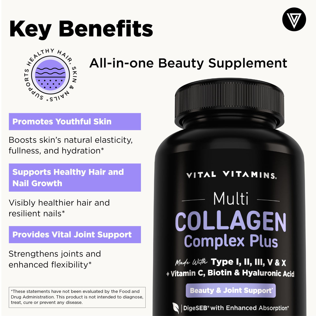 Gélules de Complexe Multi-Collagène Vital Vitamins sur une table