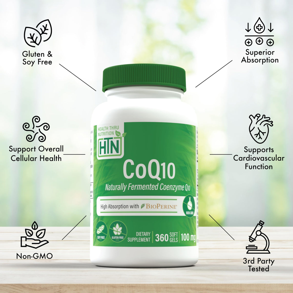 Gélules de CoQ-10 100mg sur une table