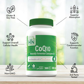 Gélules de CoQ-10 100mg sur une table
