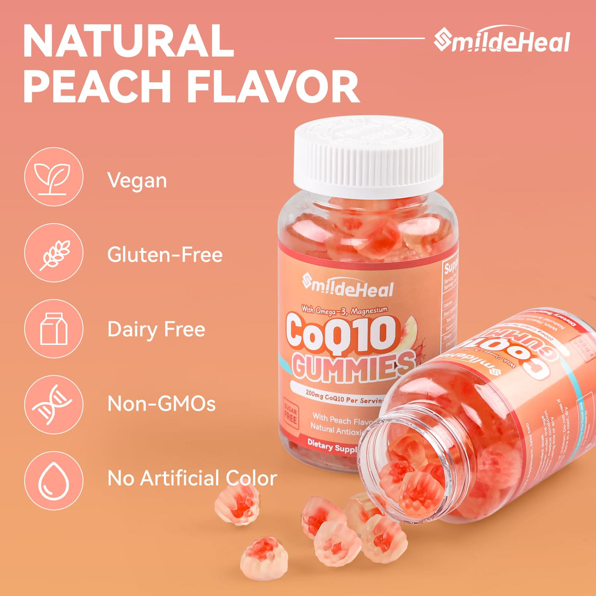 Gélules de CoQ10 SmildeHeal avec des fruits, soulignant la saveur de pêche
