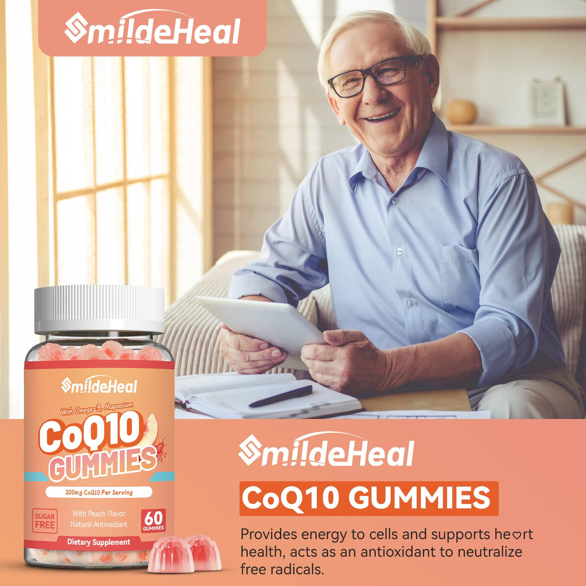 Gélules de CoQ10 SmildeHeal, vue de dessus montrant la couleur et la texture