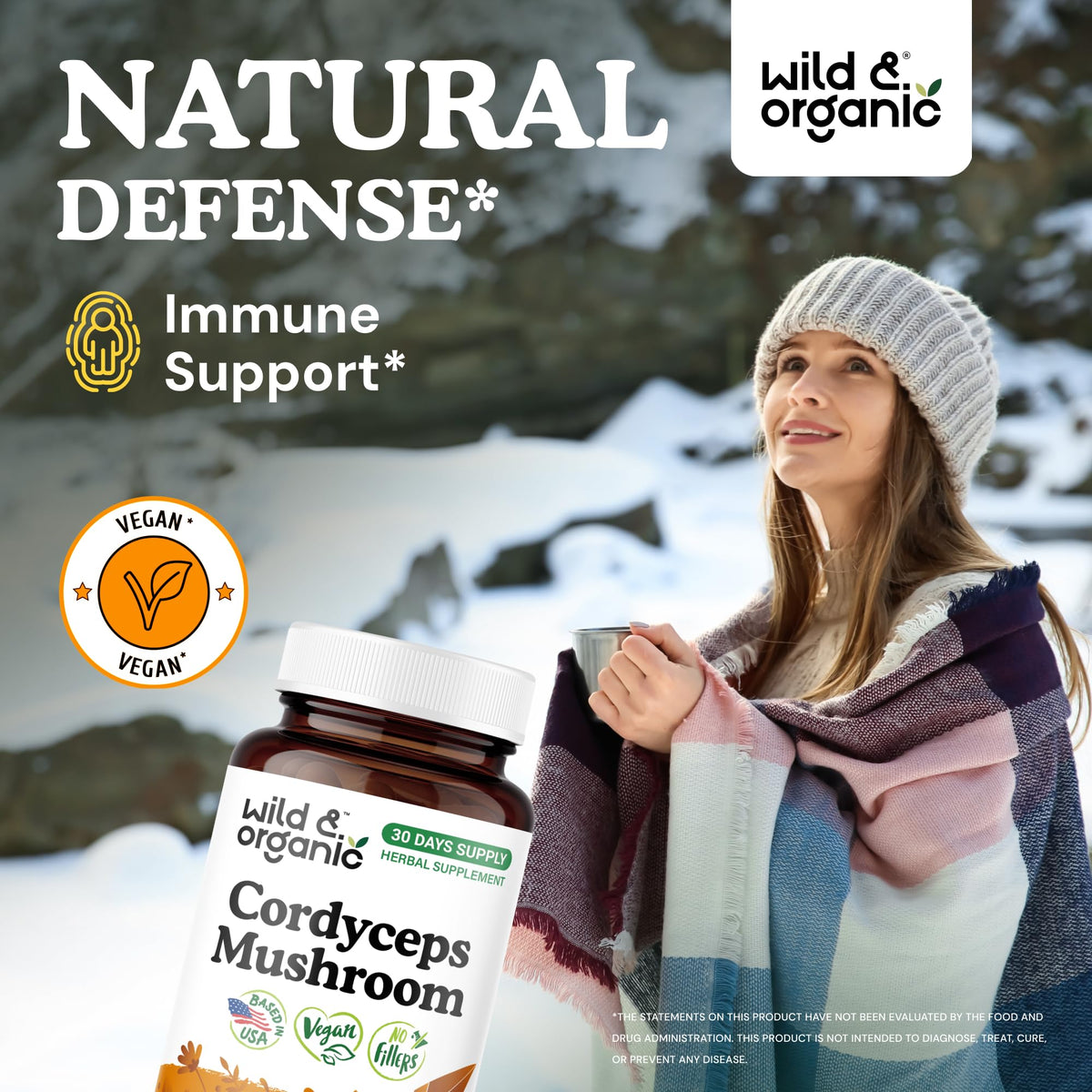 Gélules de Cordyceps Wild & Organic sur une surface en bois