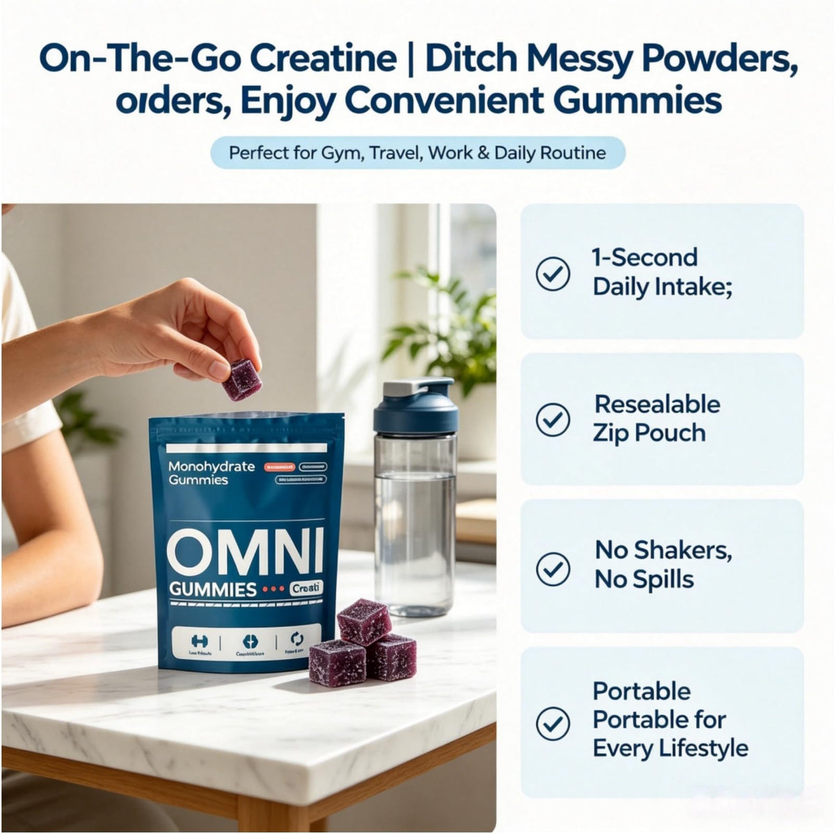 Gélules de créatine omni gummies à côté d'une bouteille d'eau