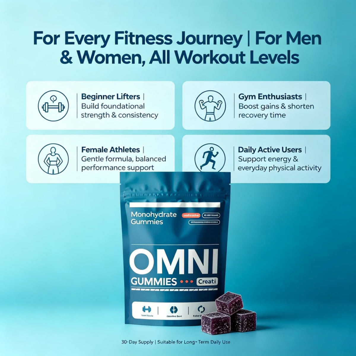 Gélules de créatine omni gummies prêtes à être consommées