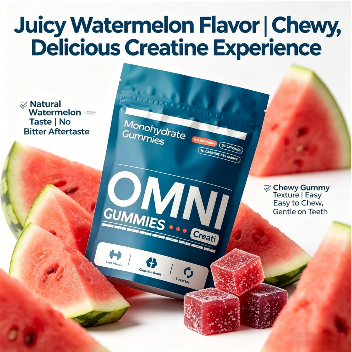 Gélules de créatine omni gummies sur une table avec des fruits