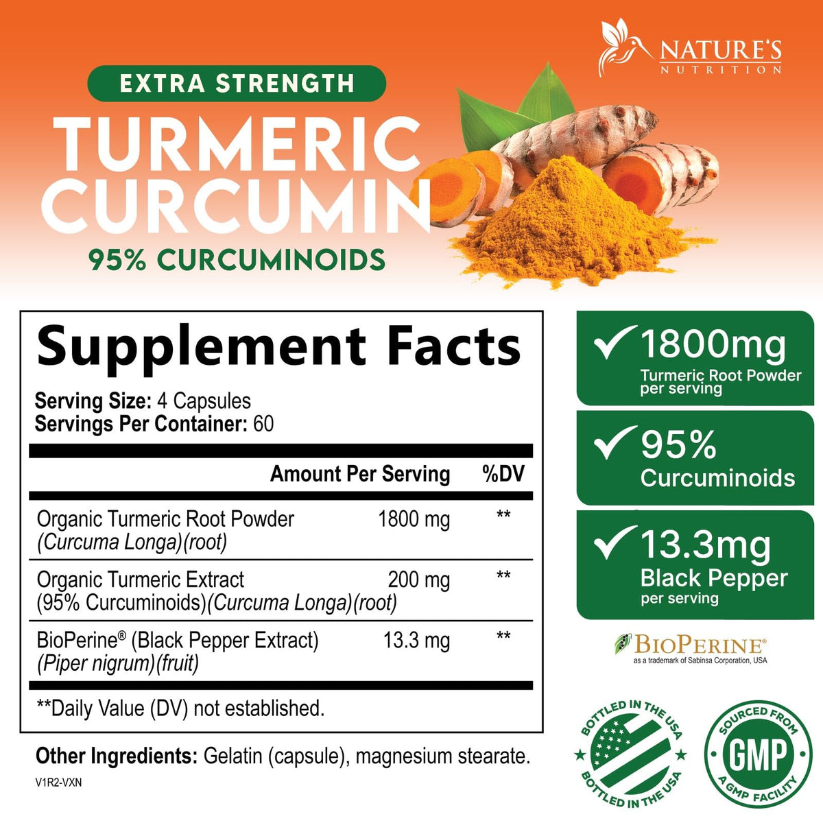 Gélules de Curcuma 1800mg Nature's Nutrition sur une cuillère en bois