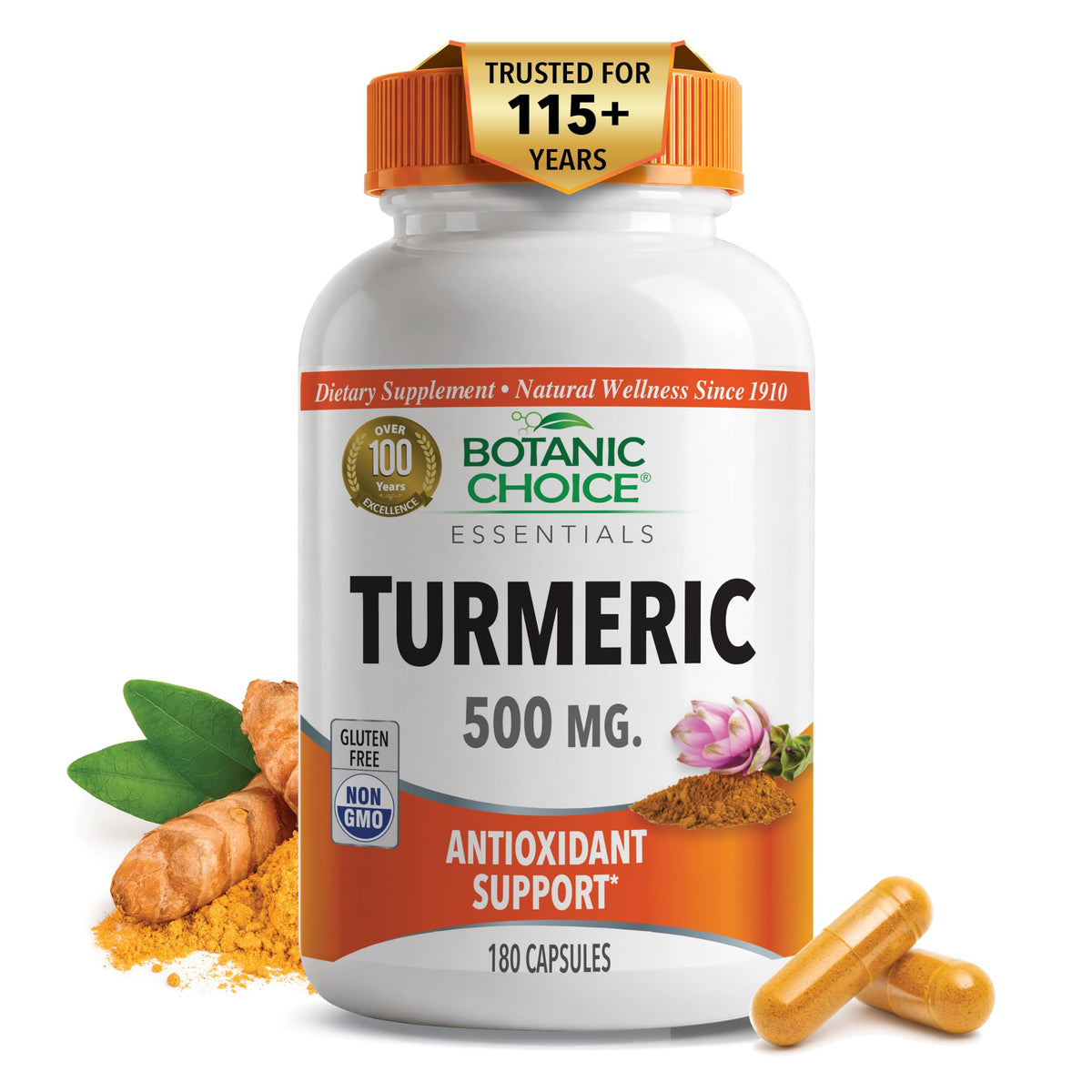 Gélules de curcuma Botanic Choice 500mg, vue avant du flacon