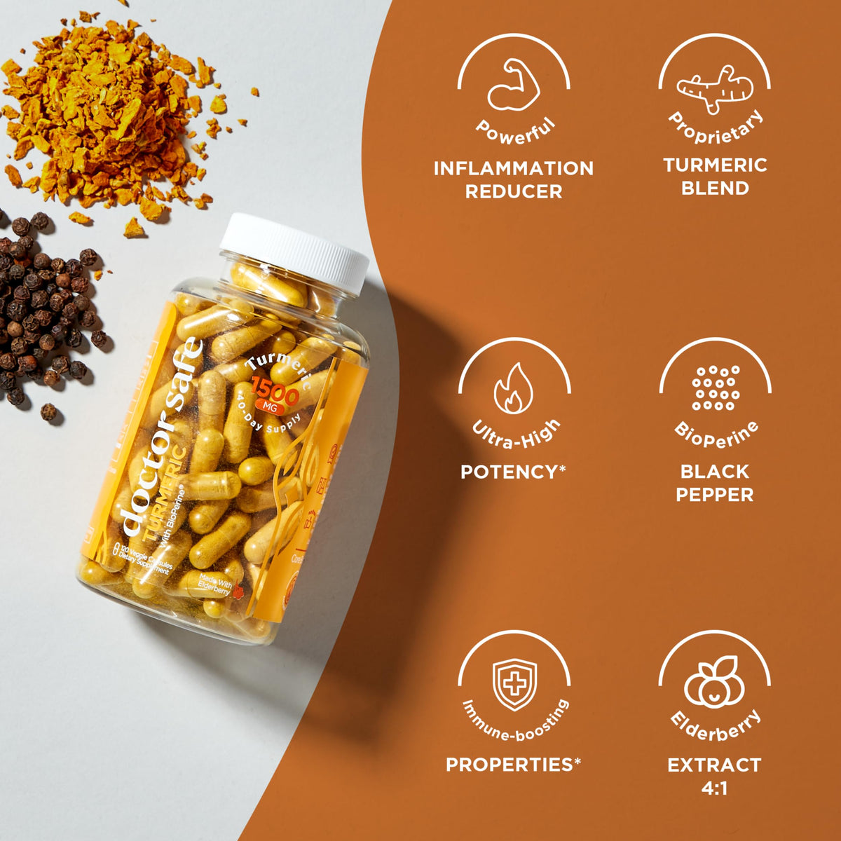 Gélules de Curcuma Curcumin 1500mg de DOCTOR SAFE sur une table en bois