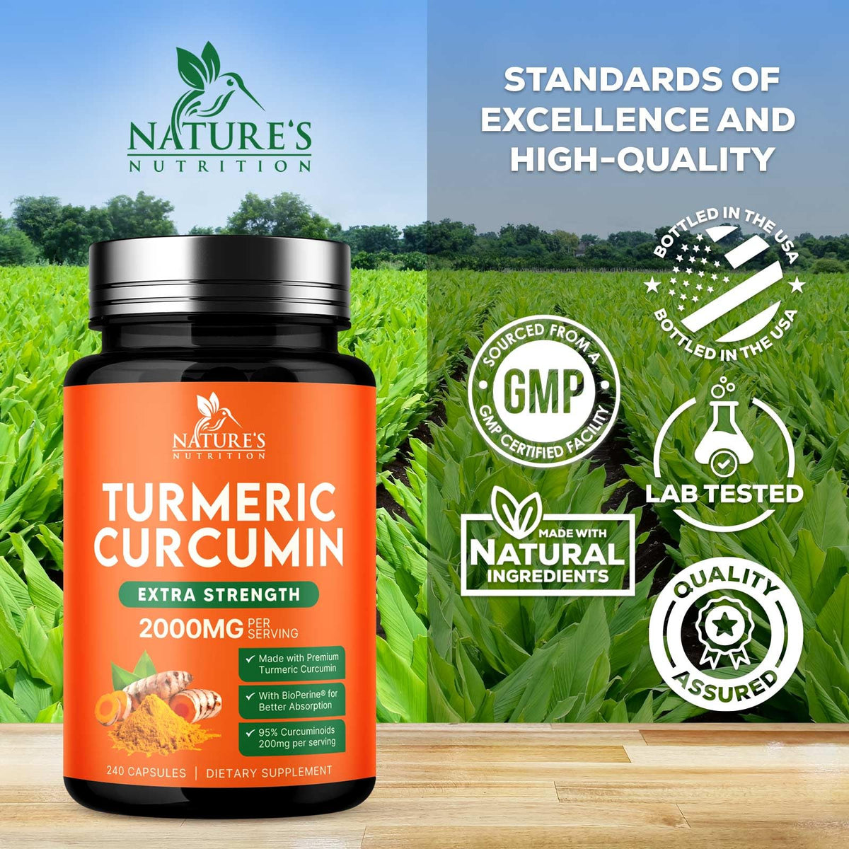 Gélules de Curcuma Nature's Nutrition sur fond blanc