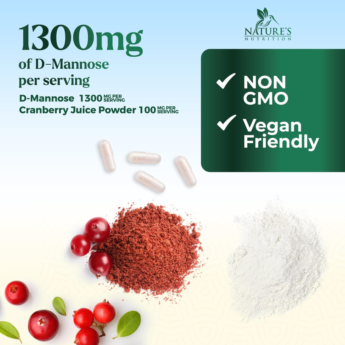 Gélules de D-Mannose Nature's Nutrition sur une table en bois
