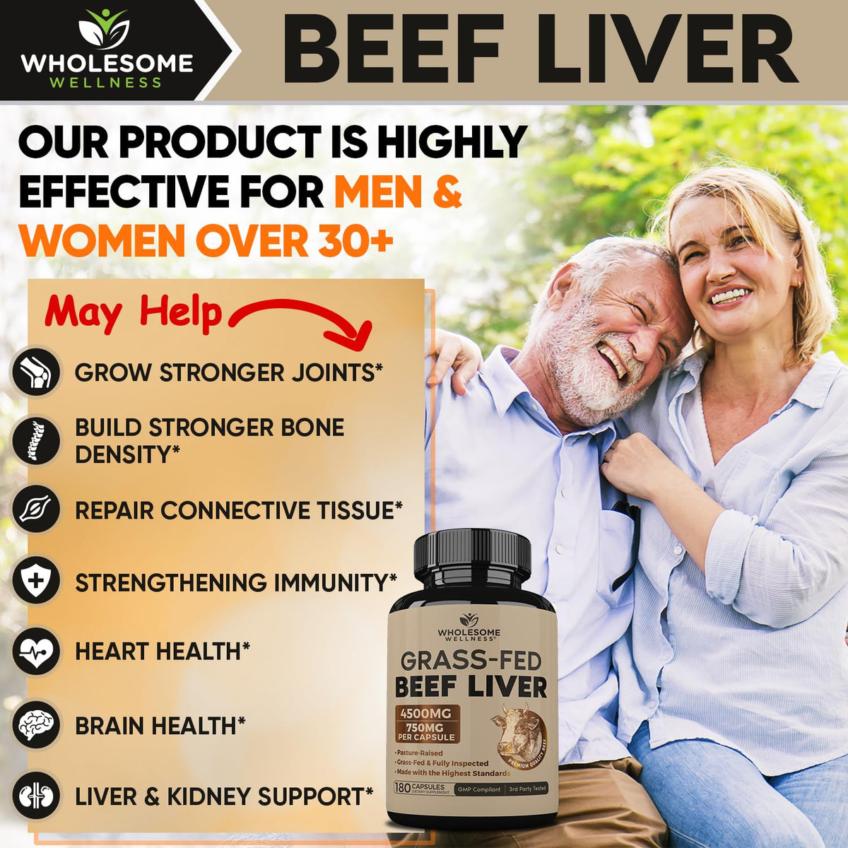 Gélules de foie de bœuf déshydraté Wholesome Wellness, vue de près