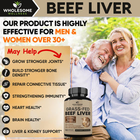 Gélules de foie de bœuf déshydraté Wholesome Wellness, vue de près