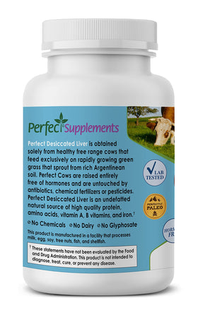 Gélules de Foie de Boeuf Déshydraté Perfect Supplements sur fond blanc