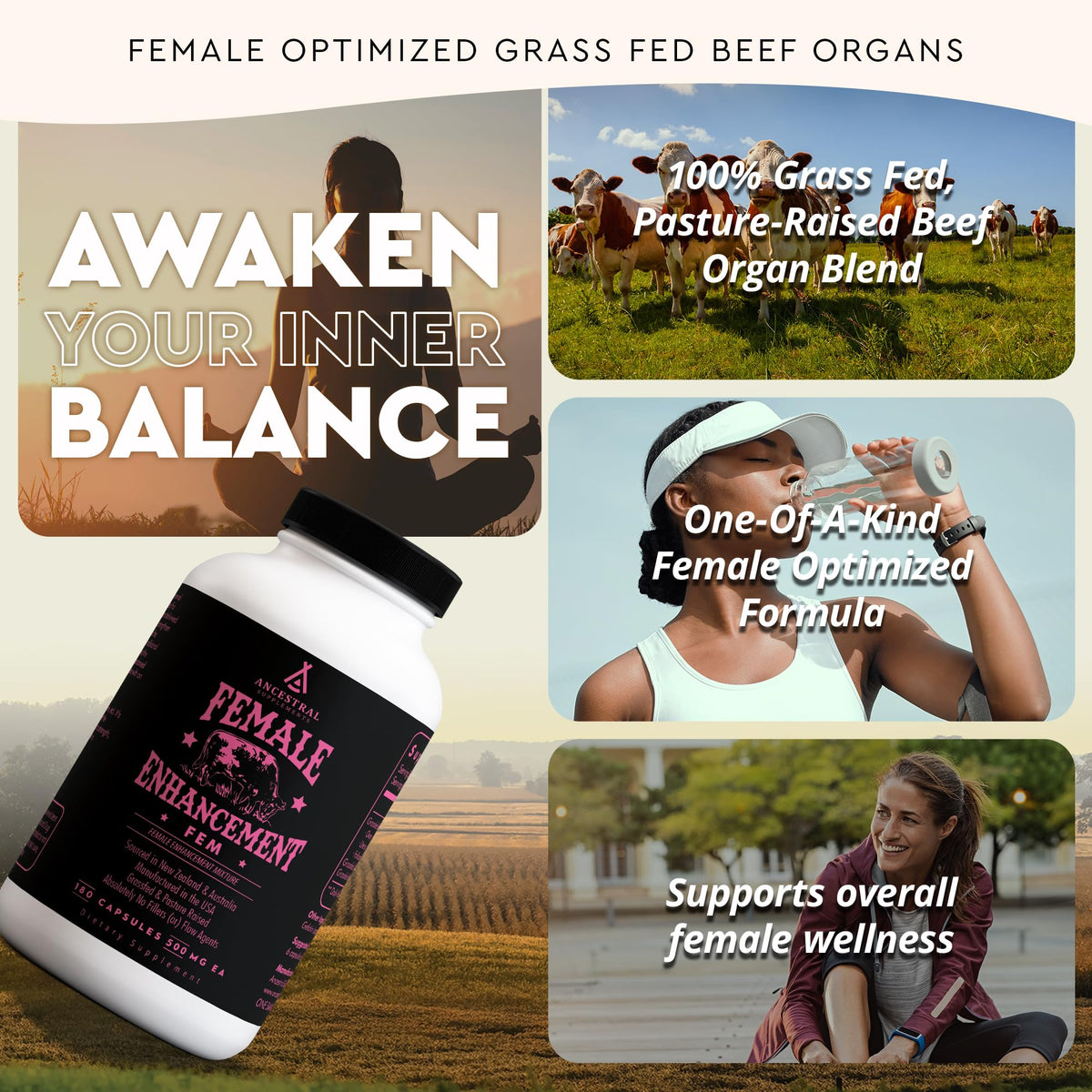 Gélules de foie pour femme Ancestral Supplements sur un fond neutre