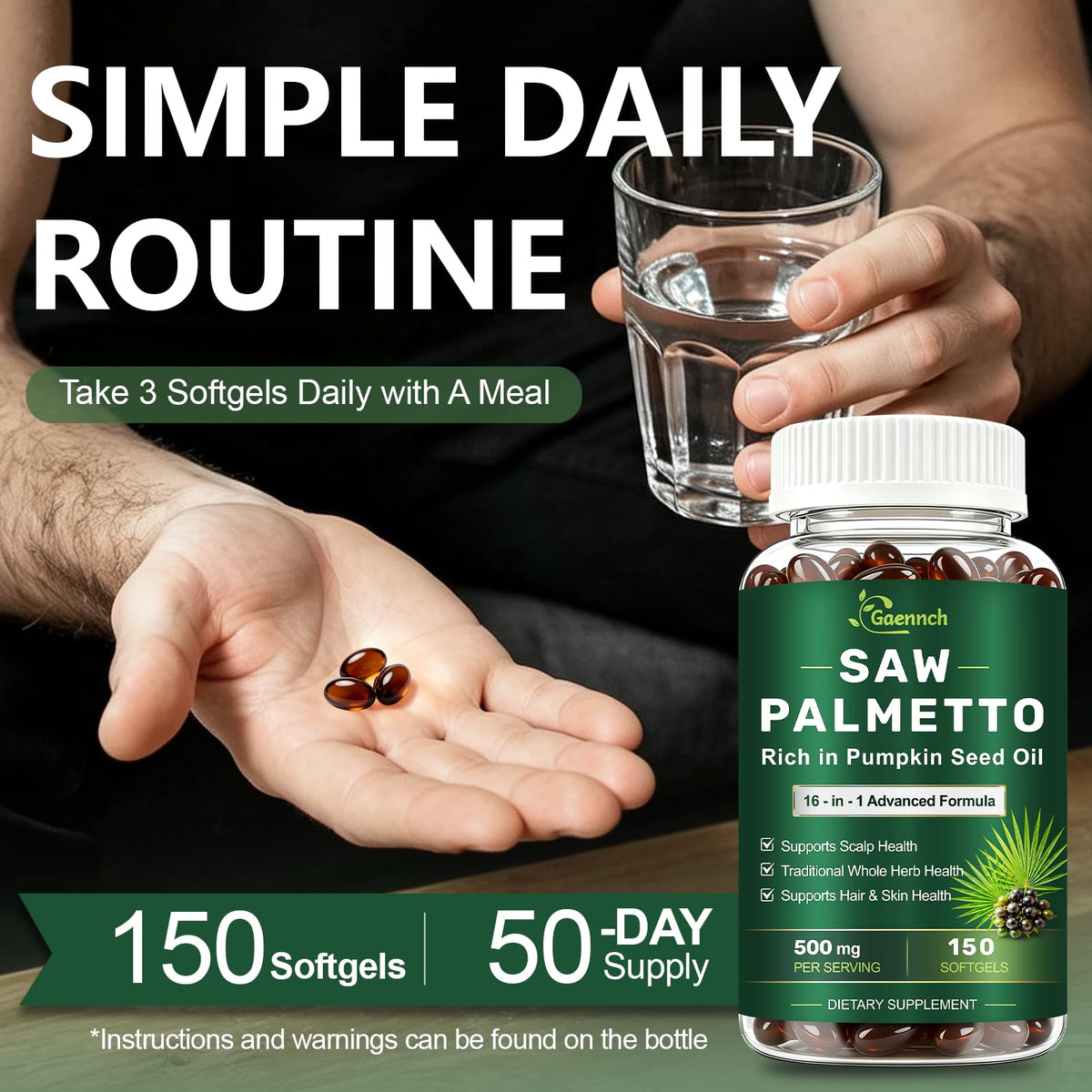 Gélules de Gaennch Saw Palmetto dans une main