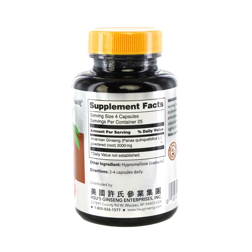 Gélules de ginseng américain Hsu's sur fond blanc