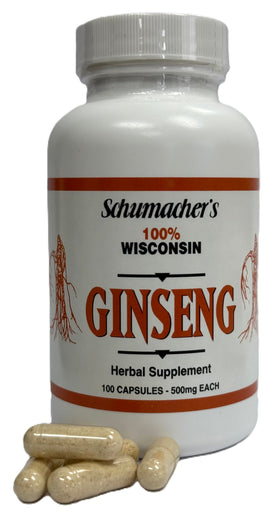 Gélules de ginseng américain Schumacher 500mg devant un fond neutre
