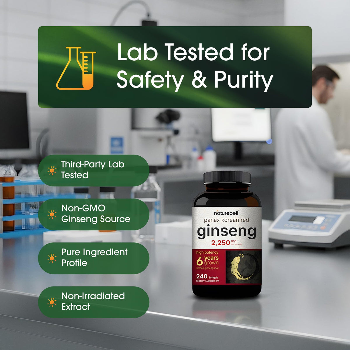 Gélules de ginseng coréen rouge NatureBell sur une table