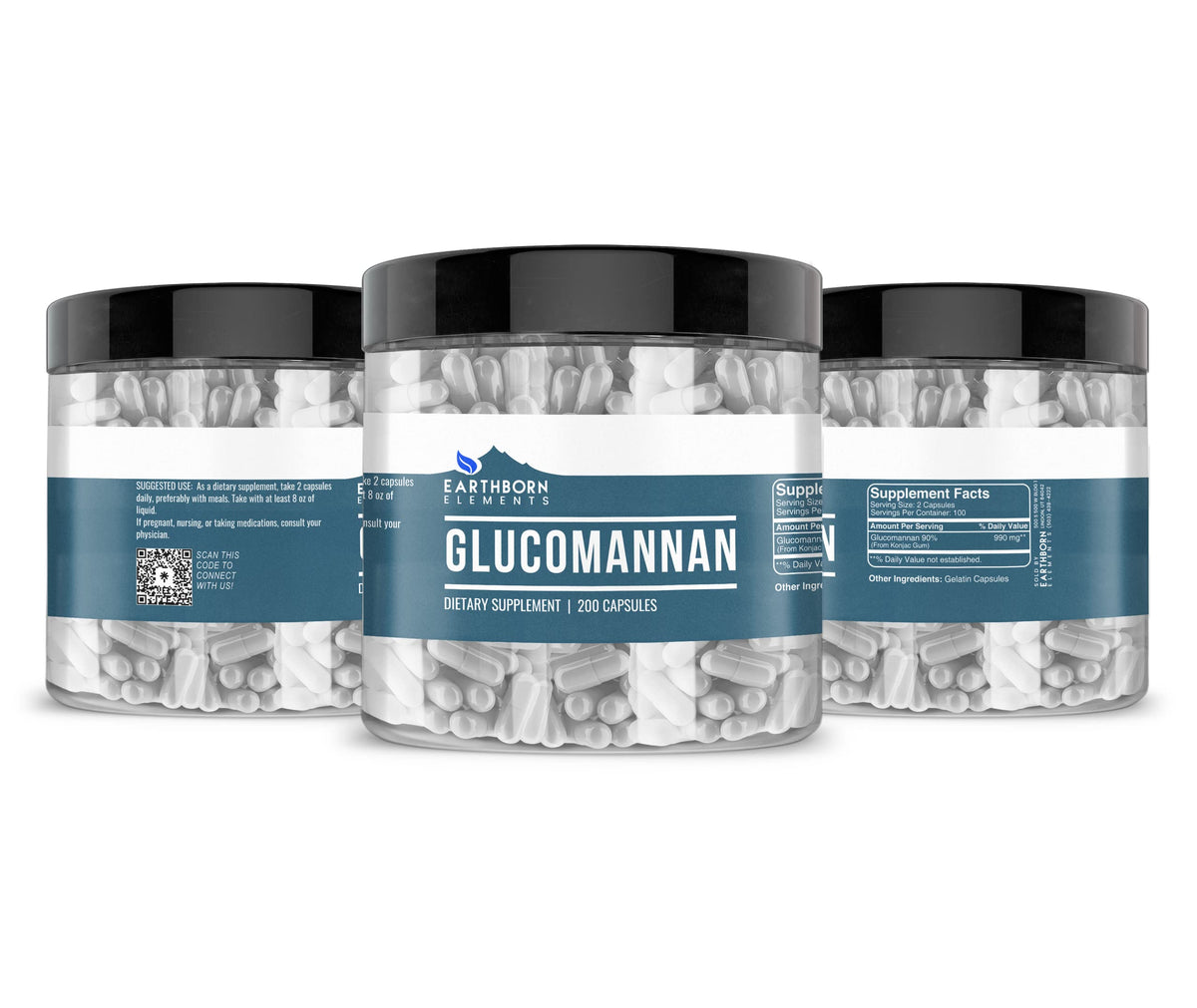 Gélules de Glucomannan Earthborn Elements sur un fond blanc