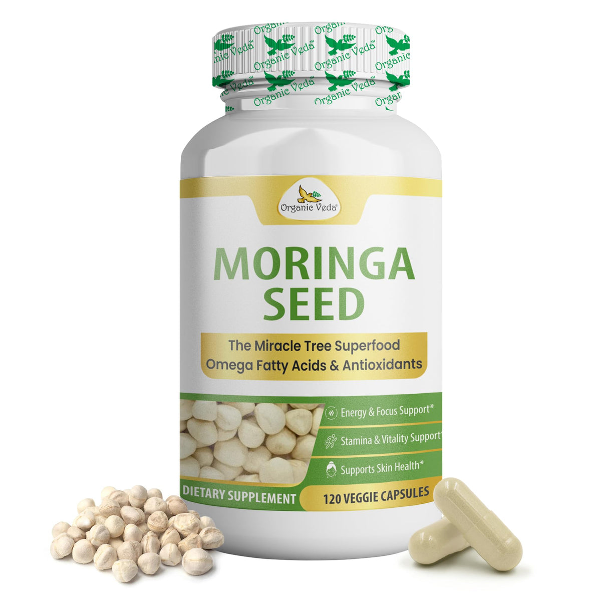 Gélules de graines de Moringa Organic Veda, 120 capsules, vue de face