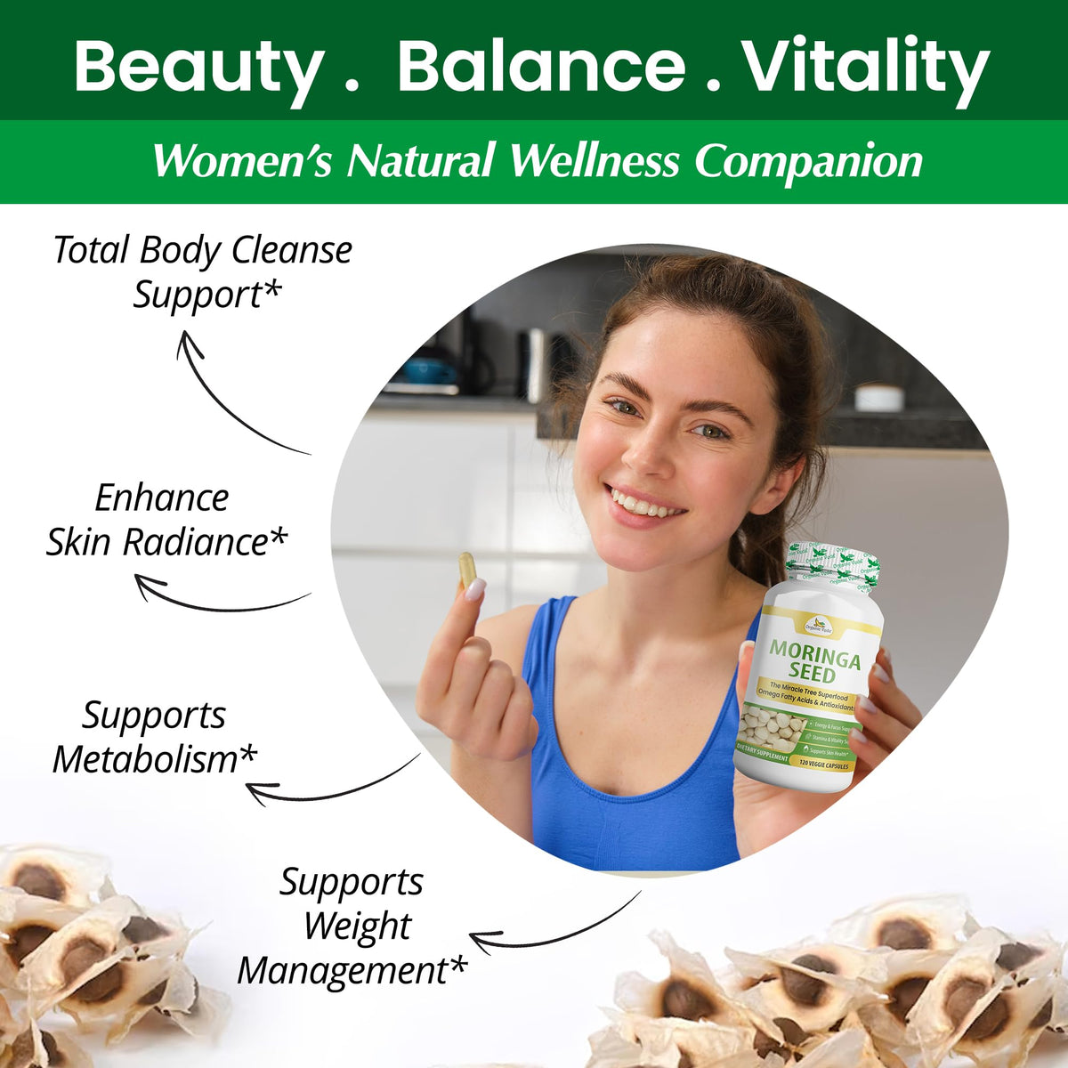 Gélules de graines de Moringa Organic Veda avec une cuillère