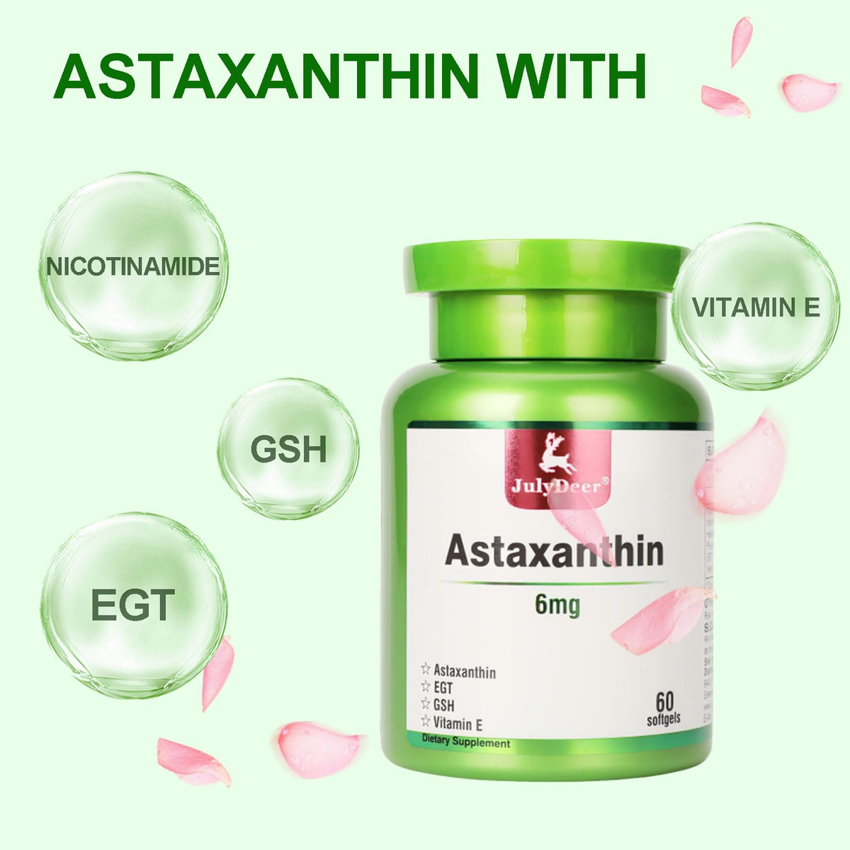 Gélules de JulyDeer Astaxanthine 6mg sur fond blanc