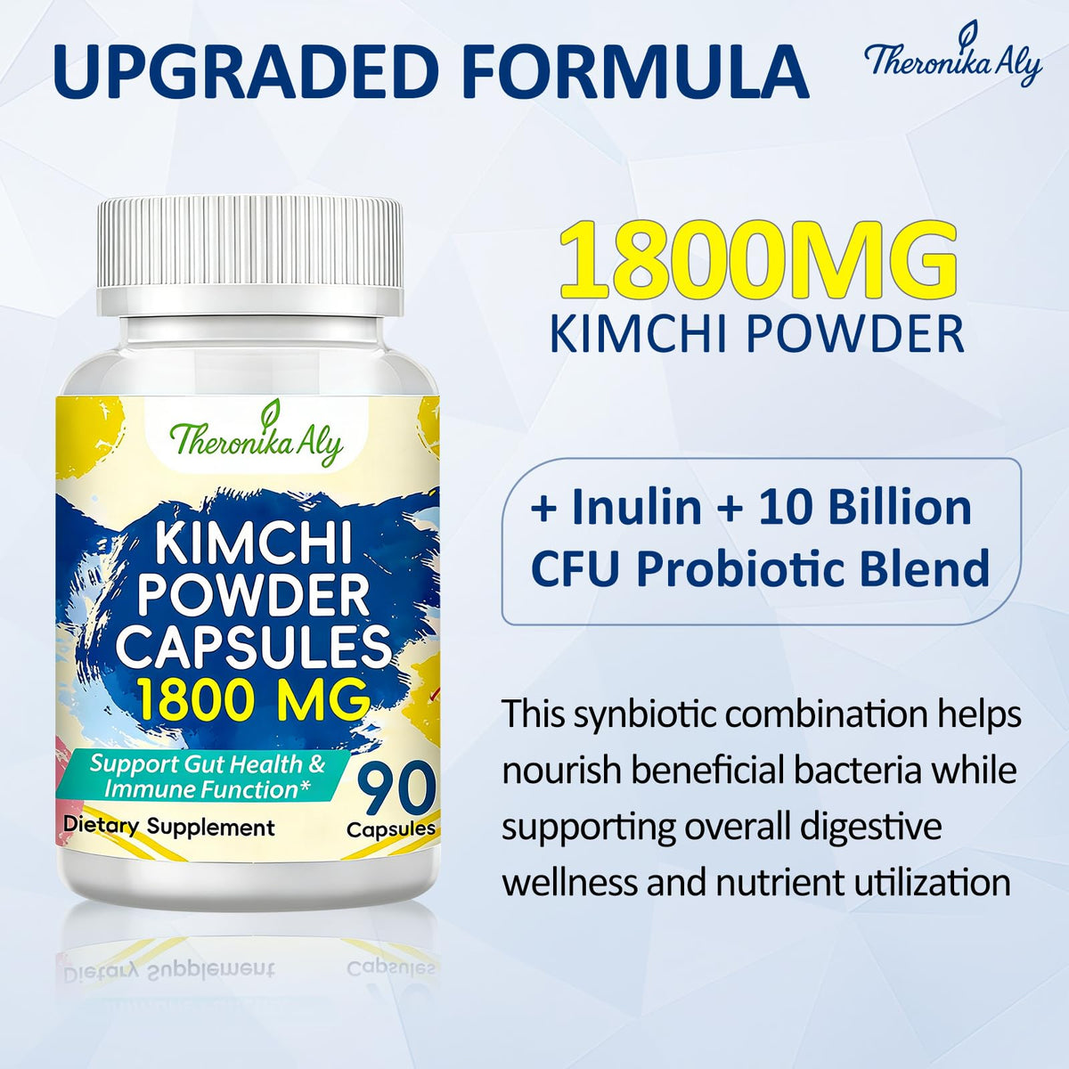 Gélules de kimchi Theronika Aly avec un fond de légumes fermentés