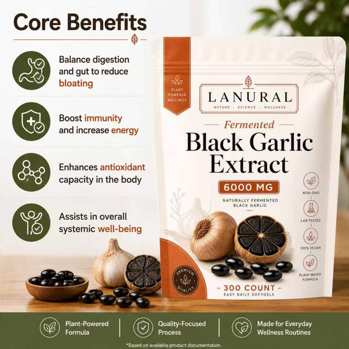 Gélules de Lanural Extrait de Ail Noir Fermenté sur fond blanc