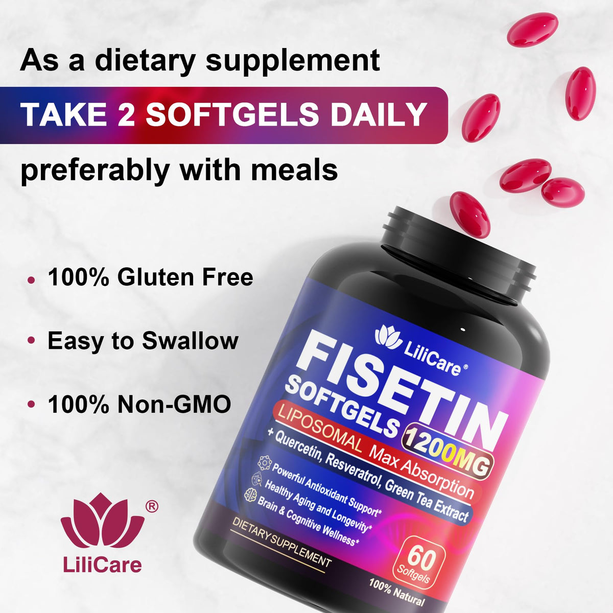 Gélules de LILICARE Fisetin 1200 mg Liposomal avec d'autres compléments