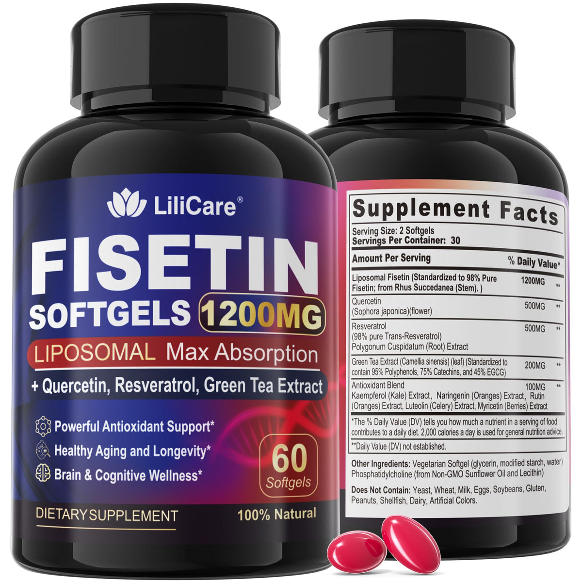 Gélules de LILICARE Fisetin 1200 mg Liposomal en boîte
