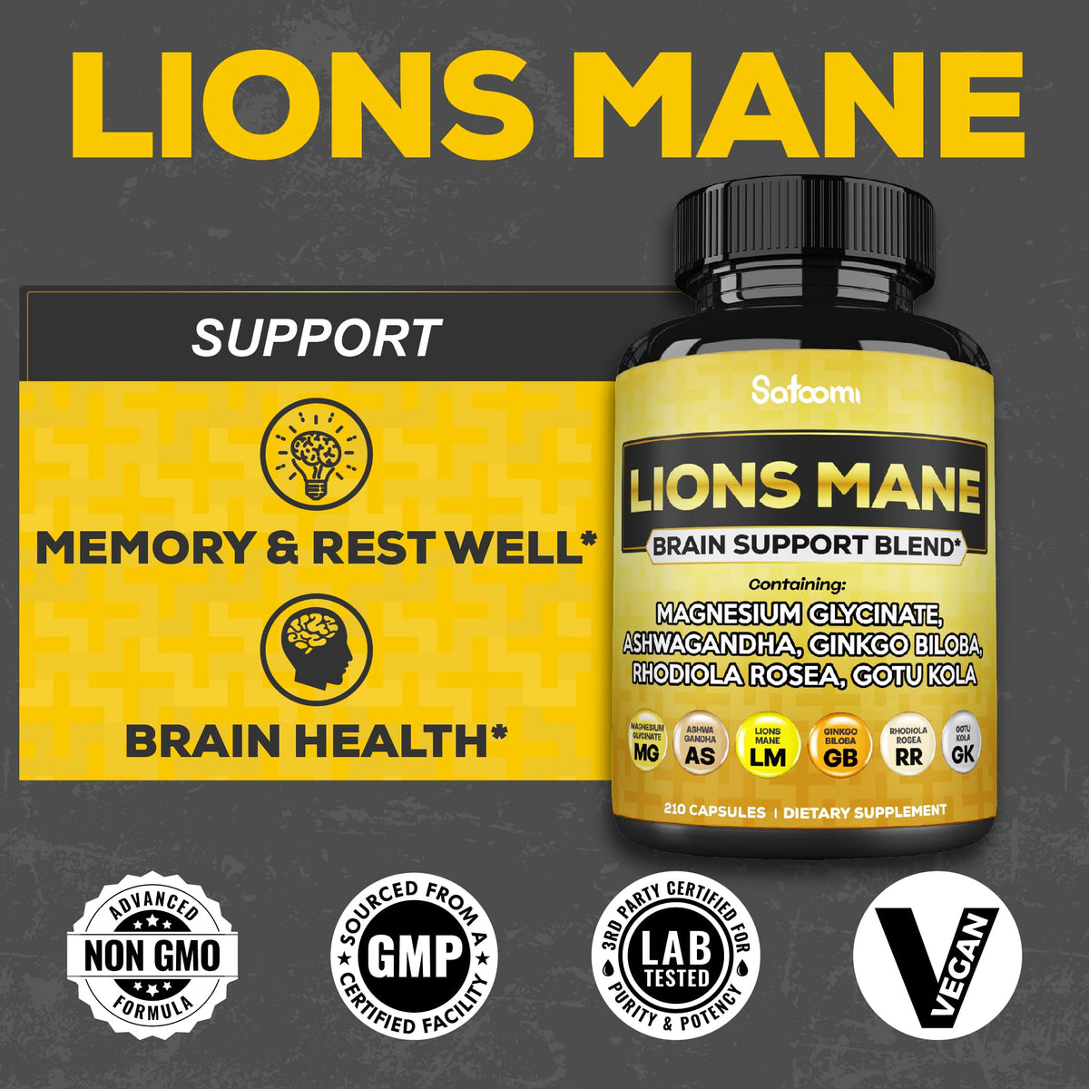 Gélules de Lions Mane Satoomi présentées sur une table